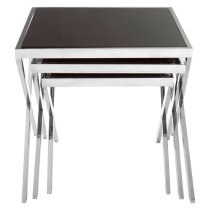 Orion Black Glass Top Nest Of 3 Tables With Cross Chrome Frame