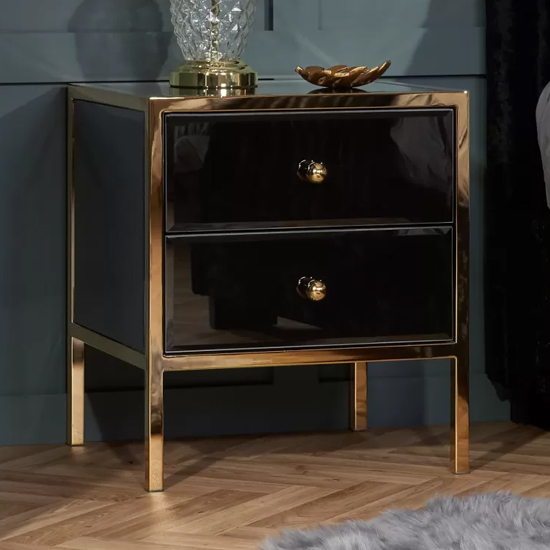 Finback Black Glass Bedside Cabinet With Gold Frame