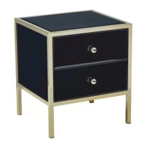 Finback Black Glass Bedside Cabinet With Gold Frame