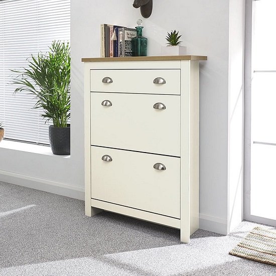 Loftus Shoe Storage Cabinet In Cream With Oak Effect Top