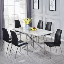 Deltino Magnesia Marble Effect Dining Table 6 Opal Black Chairs