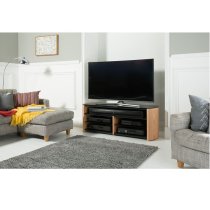 Flare Black Glass TV Stand With Light Oak Wooden Base