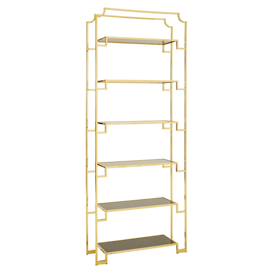 Fafnir Black Glass 6 Shelves Bookshelf With Gold Frame