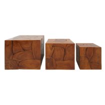 Praecipua Square Set Of 3 Teak Wooden Stools In Brown