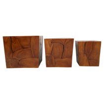 Praecipua Square Set Of 3 Teak Wooden Stools In Brown