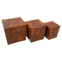 Praecipua Square Set Of 3 Teak Wooden Stools In Brown