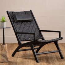 Formosa Black Leather Woven Accent Chair With Wooden Frame