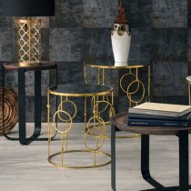 Avanto Round Glass Set of 2 Side Tables With Circle Gold Frame