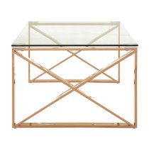 Alluras Clear Glass Coffee Table With Rose Gold Cross Frame