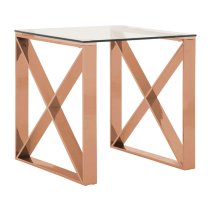 Alluras Clear Glass End Table In Cross Rose Gold Frame