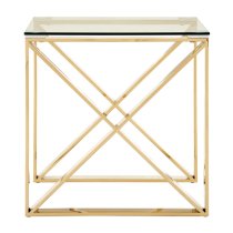 Alluras Clear Glass End Table With Champagne Gold Cross Frame