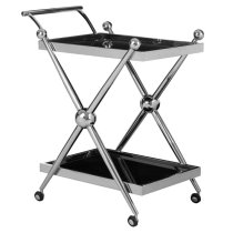 Kurhah Black Glass Serving Trolley With Silver Cross Frame