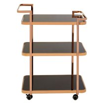 Alvara Black Glass 3 Tier Drinks Trolley With Rose Gold Frame