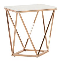 Alluras Rectangular White Marble End Table In Rose Gold Frame