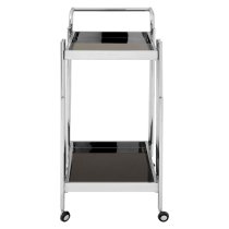 Kurhah Black Glass Serving Trolley With Silver Deco Frame