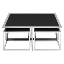 Fafnir Black Glass Top Coffee Table And Stool With Silver Frame