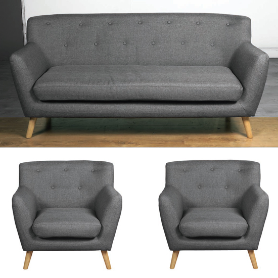 Lyrae Fabric 3 Seater Sofa And 2 Armchairs Suite In Dark Grey