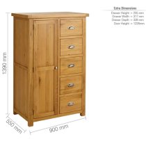 Webworms Wooden Wardrobe With 1 Door And 5 Drawers In Oak