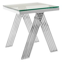 Markeb Square Clear Glass Top End Table With Silver Steel Frame