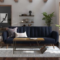 Brittan Linen Sofa Bed With Wooden Legs In Navy Blue