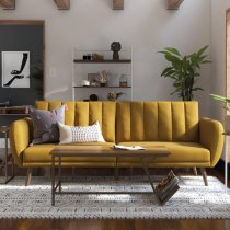 Brittan Linen Sofa Bed With Wooden Legs In Mustard