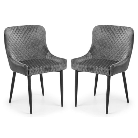 Lakia Grey Velvet Dining Chairs With Black Legs In Pair