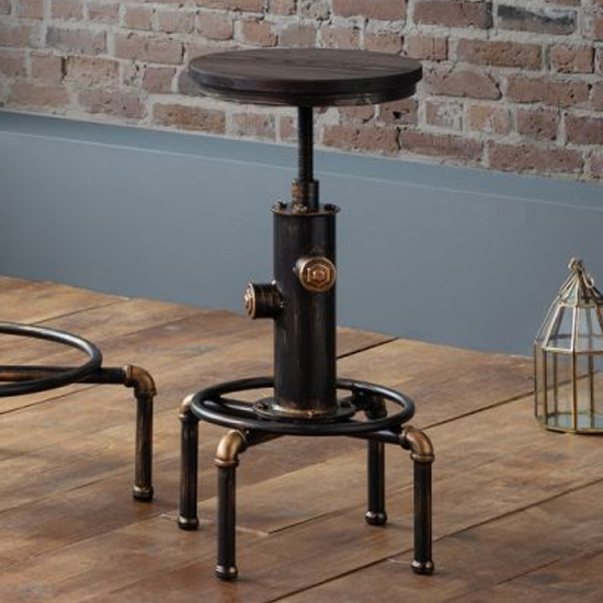 Raewyn Pipework Bar Stool In Brushed Copper And Rustic Elm