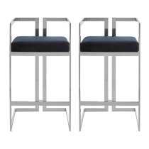 Azaltro Black Velvet Bar Stools With Silver Metalframe In Pair