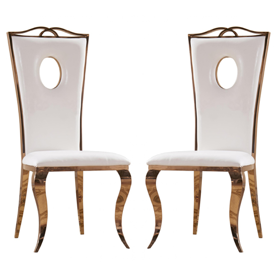 Palila White PU Dining Chairs With Rose Gold Legs In Pair