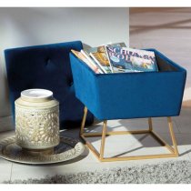 Surin Fabric Storage Ottoman Stool In Blue With Metal Legs