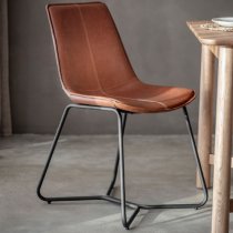 Holland Brown Leather Dining Chairs With Metal Base In Pair