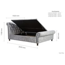 Castella Fabric Ottoman Super King Bed In Steel Crushed Velvet