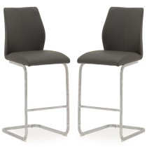 Bernie Grey Leather Bar Chairs With Chrome Frame In Pair