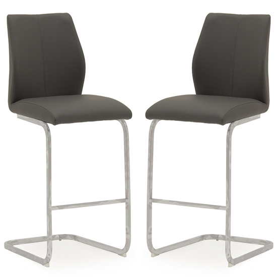 Bernie Grey Leather Bar Chairs With Chrome Frame In Pair