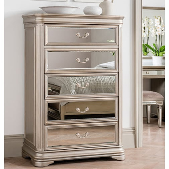 Jessika Mirrored Chest Of 5 Drawers In Taupe