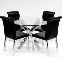 Crossley Round Glass Dining Table With 4 Kirkland Black Chairs