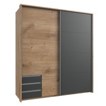 Limoni Sliding Wooden Wardrobe In Planked Oak And Graphite