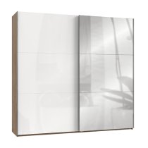 Kraza Mirrored Sliding Wide Wardrobe In Gloss White Planked Oak