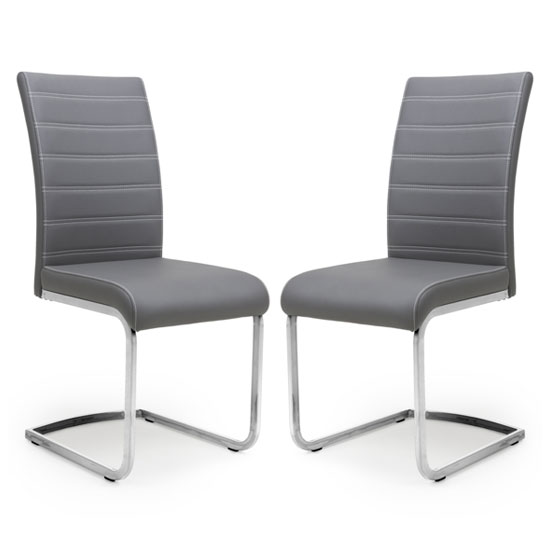 Conary Grey Leather Dining Chairs With Chrome Legs In Pair