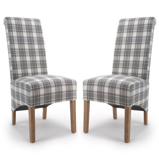 Kyoto Check Cappuccino Fabric Dining Chairs With Oak Leg In Pair