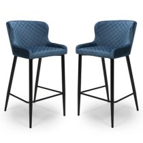 Malmo Blue Velvet Fabric Bar Stool With Metal Base In Pair