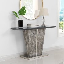 Melange Marble Effect Glass Top High Gloss Console Table In Grey