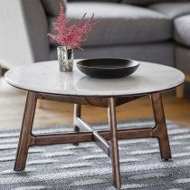 Barcela Wooden Coffee Table With White Marble Top In Walnut