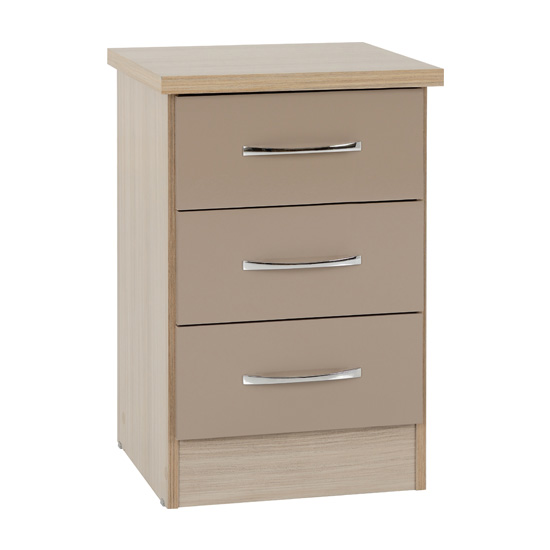 Mark Oak Wooden Bedside Cabinet With 3 Drawers Oyster Gloss Front