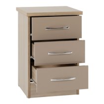 Mark Oak Wooden Bedside Cabinet With 3 Drawers Oyster Gloss Front