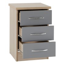 Mark Oak Wooden Bedside Cabinet With 3 Drawers Grey Gloss Front