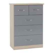 Mark Wooden Chest Of 5 Drawers With Grey Gloss Front In Oak