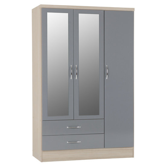 Mark Oak Wooden Wardrobe With 3 Doors Grey Gloss Front