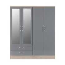 Mark Oak Wooden Wardrobe With 4 Doors Grey Gloss Front