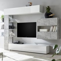 Halcyon Wall Entertainment Unit In White Gloss And Cement Effect